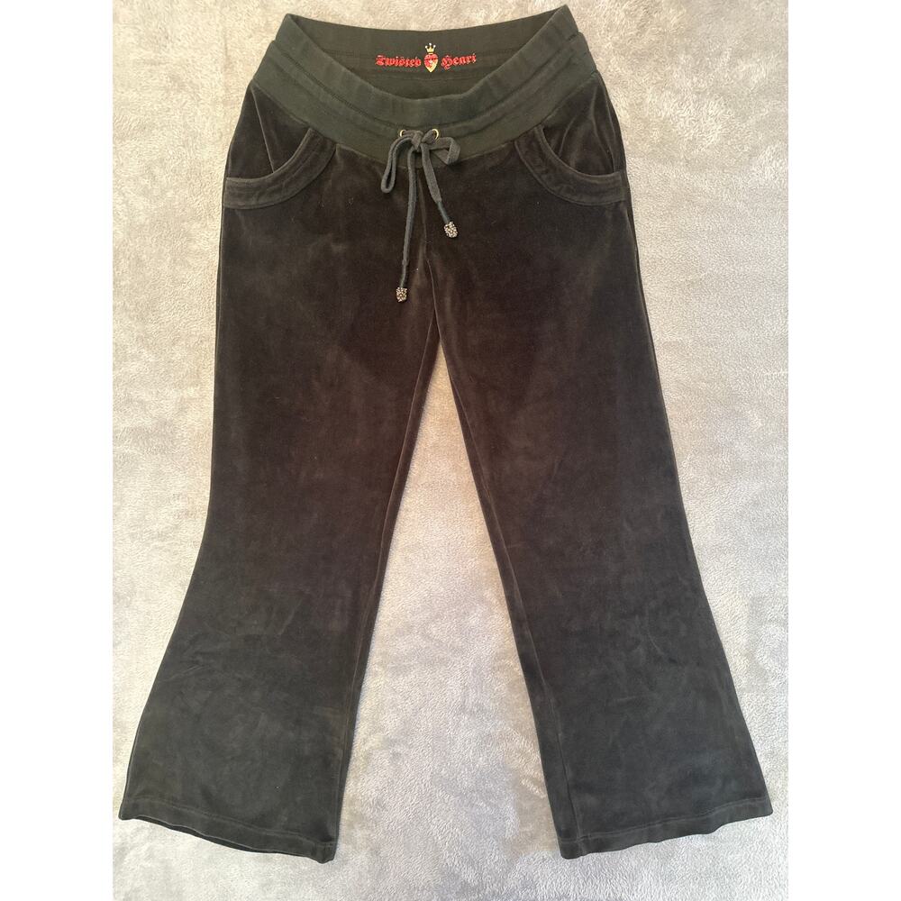 Y2K Twisted Heart Low Rise Velvet Velour Flare Leg Track Pants S Dark Green